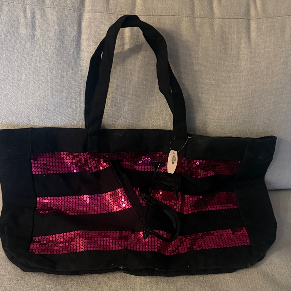 Black and Pink Sequin Tote Bag